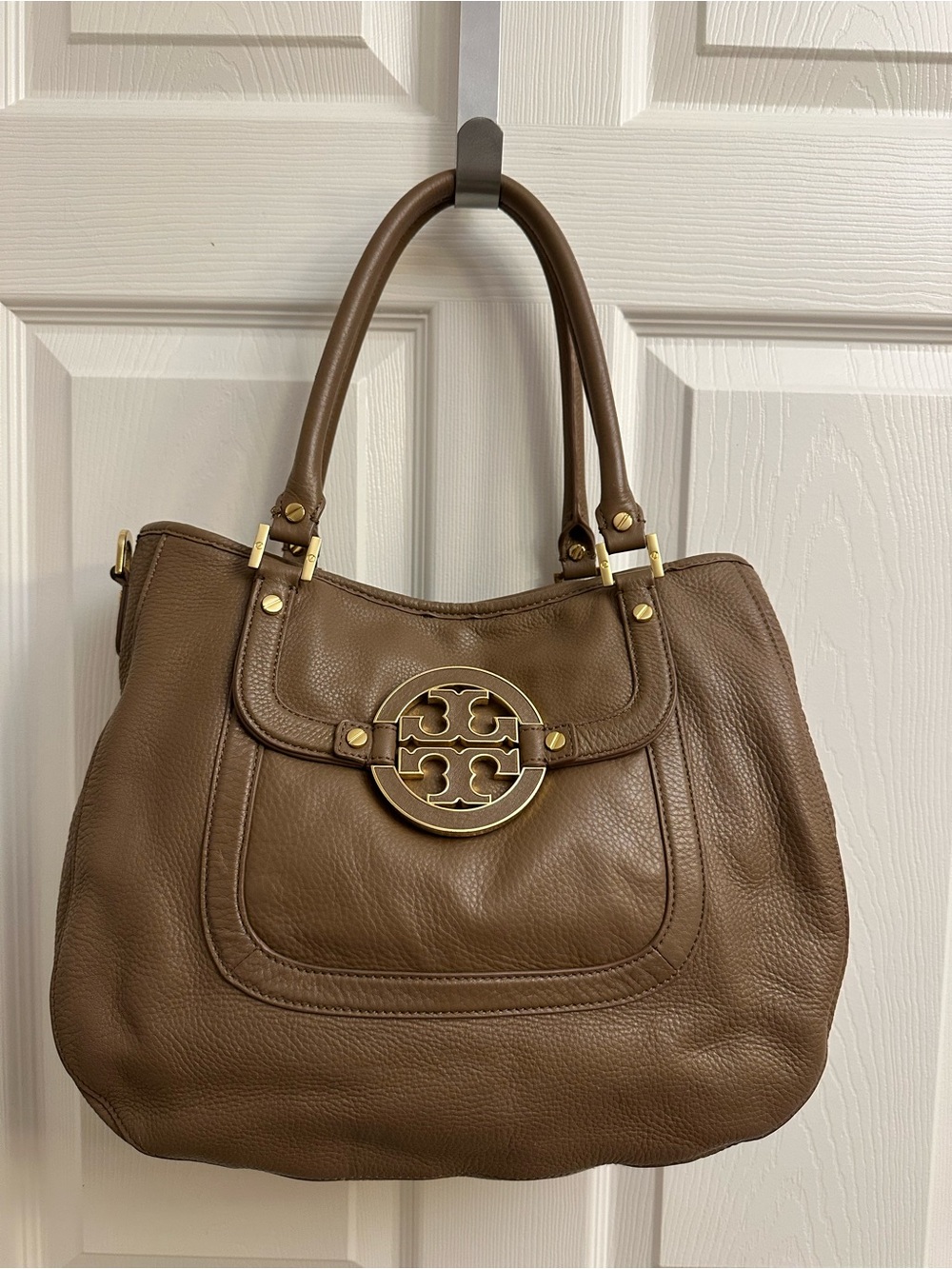 Tory Burch Taupe Pebbled Leather Shoulder Bag with Gold Logo